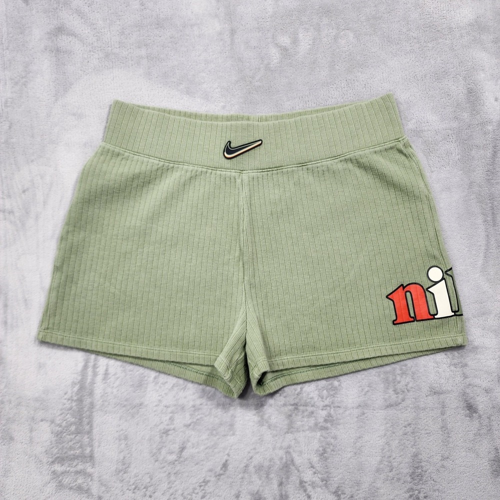Nike Shorts Womens XL Green Ribbed Knit Fleece Sweat Workout Logo Lounge Casual